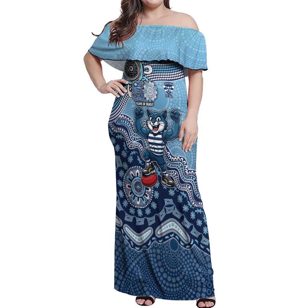 Personalized Geelong Cats Football Mascot Off Shoulder Maxi Dress Aboriginal Dot Art Style Vibrant Indigenous Pattern Design