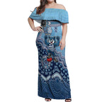 Personalized Geelong Cats Football Mascot Off Shoulder Maxi Dress Aboriginal Dot Art Style Vibrant Indigenous Pattern Design