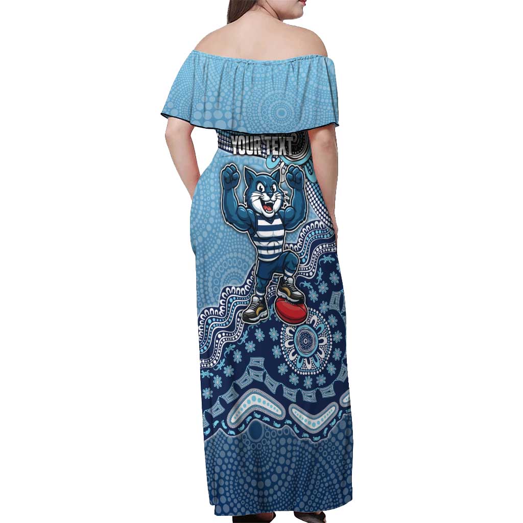 Personalized Geelong Cats Football Mascot Off Shoulder Maxi Dress Aboriginal Dot Art Style Vibrant Indigenous Pattern Design