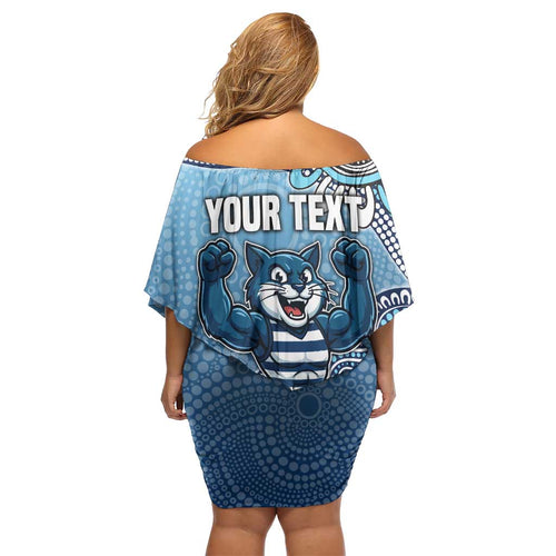 Personalized Geelong Cats Football Mascot Off Shoulder Short Dress Aboriginal Dot Art Style Vibrant Indigenous Pattern Design