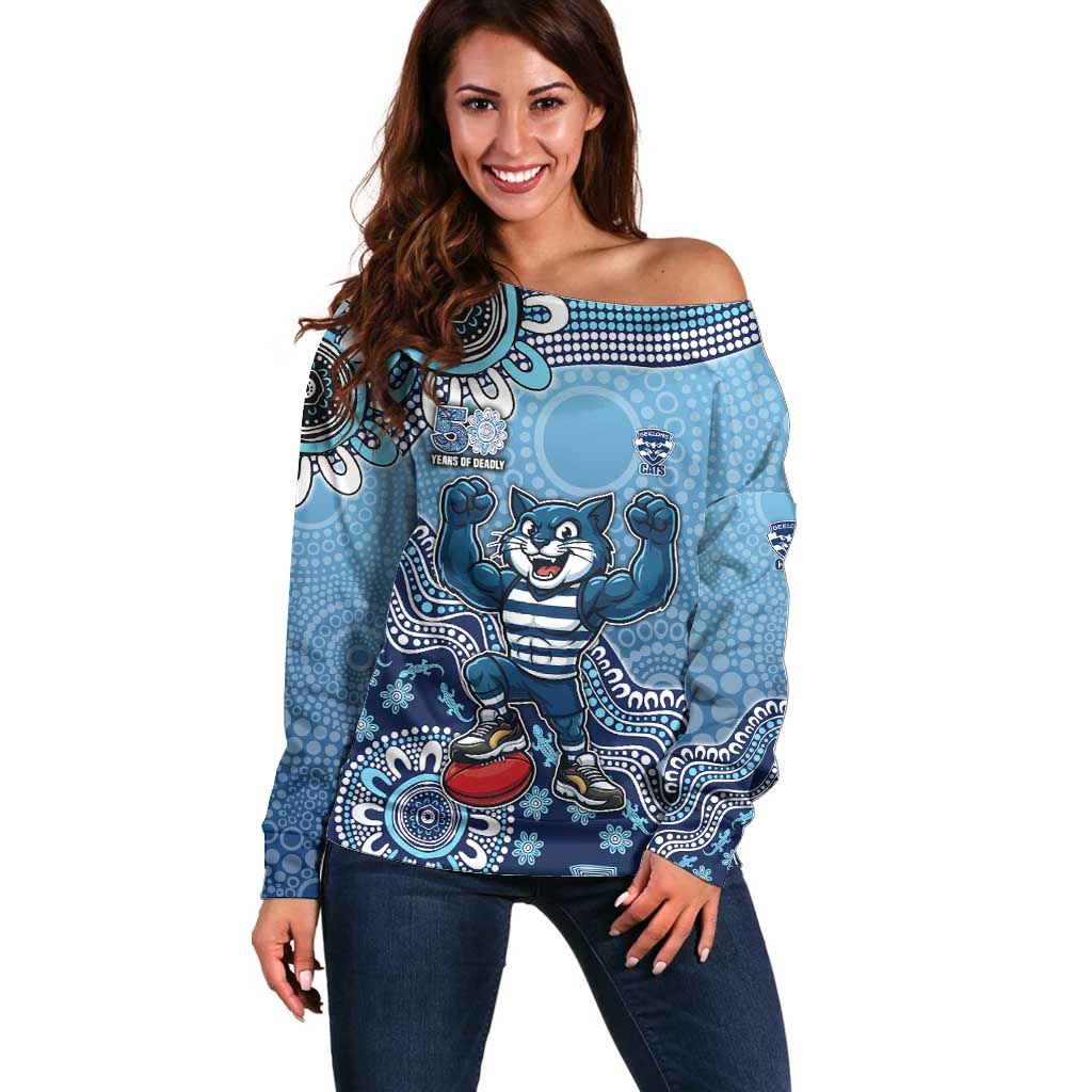 Personalized Geelong Cats Football Mascot Off Shoulder Sweater Aboriginal Dot Art Style Vibrant Indigenous Pattern Design