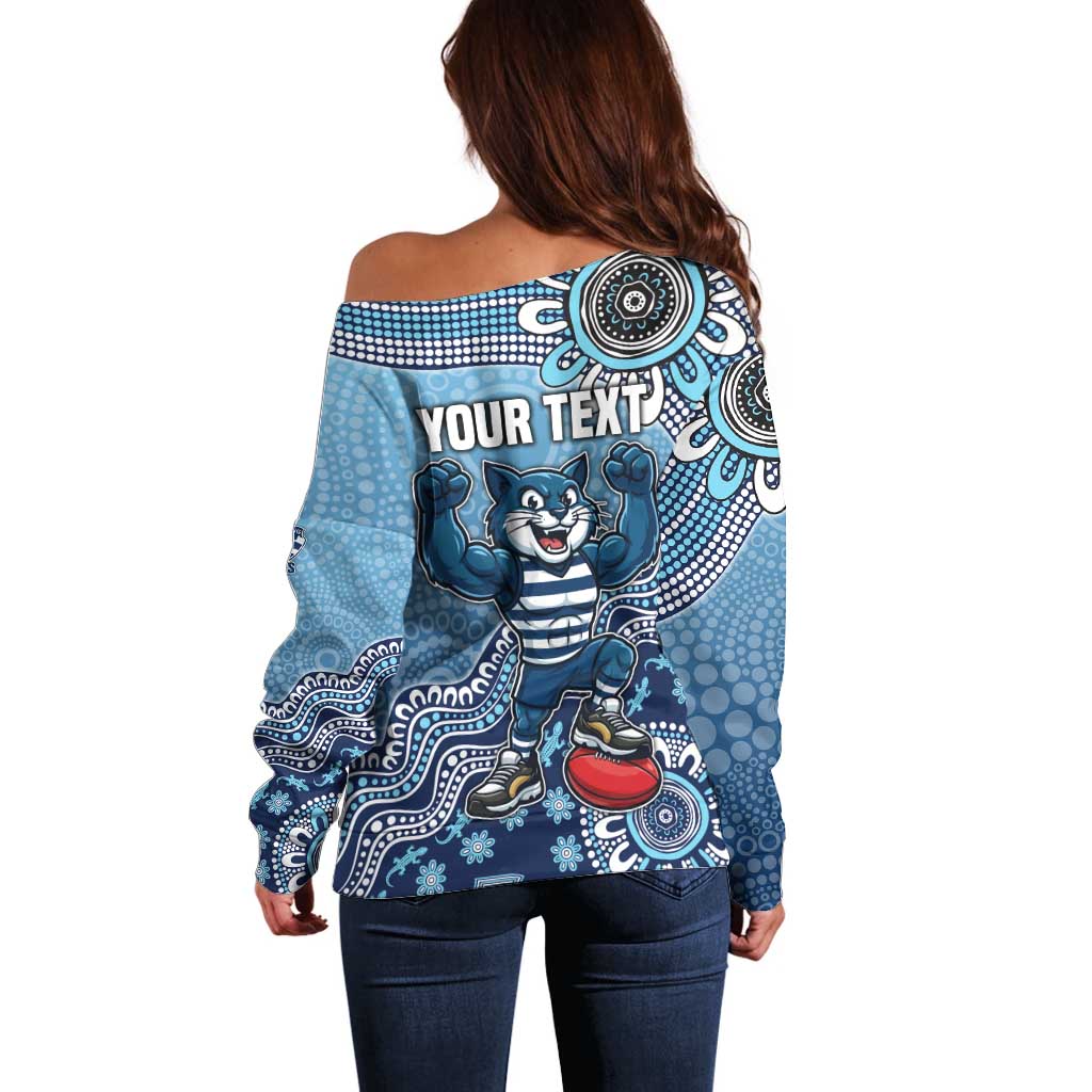 Personalized Geelong Cats Football Mascot Off Shoulder Sweater Aboriginal Dot Art Style Vibrant Indigenous Pattern Design
