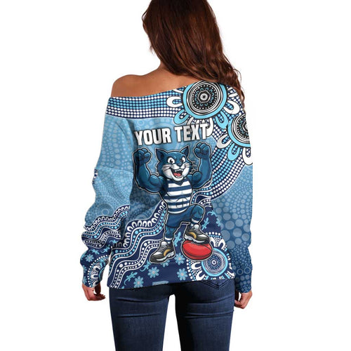 Personalized Geelong Cats Football Mascot Off Shoulder Sweater Aboriginal Dot Art Style Vibrant Indigenous Pattern Design