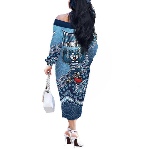 Personalized Geelong Cats Football Mascot Off The Shoulder Long Sleeve Dress Aboriginal Dot Art Style Vibrant Indigenous Pattern Design
