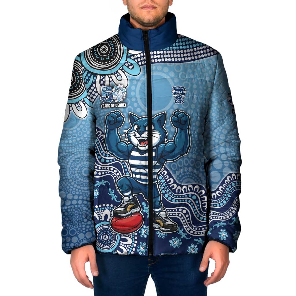 Personalized Geelong Cats Football Mascot Padded Jacket Aboriginal Dot Art Style Vibrant Indigenous Pattern Design