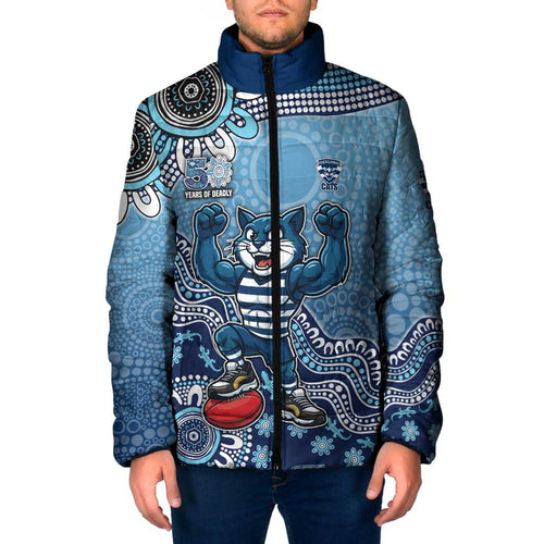 Personalized Geelong Cats Football Mascot Padded Jacket Aboriginal Dot Art Style Vibrant Indigenous Pattern Design