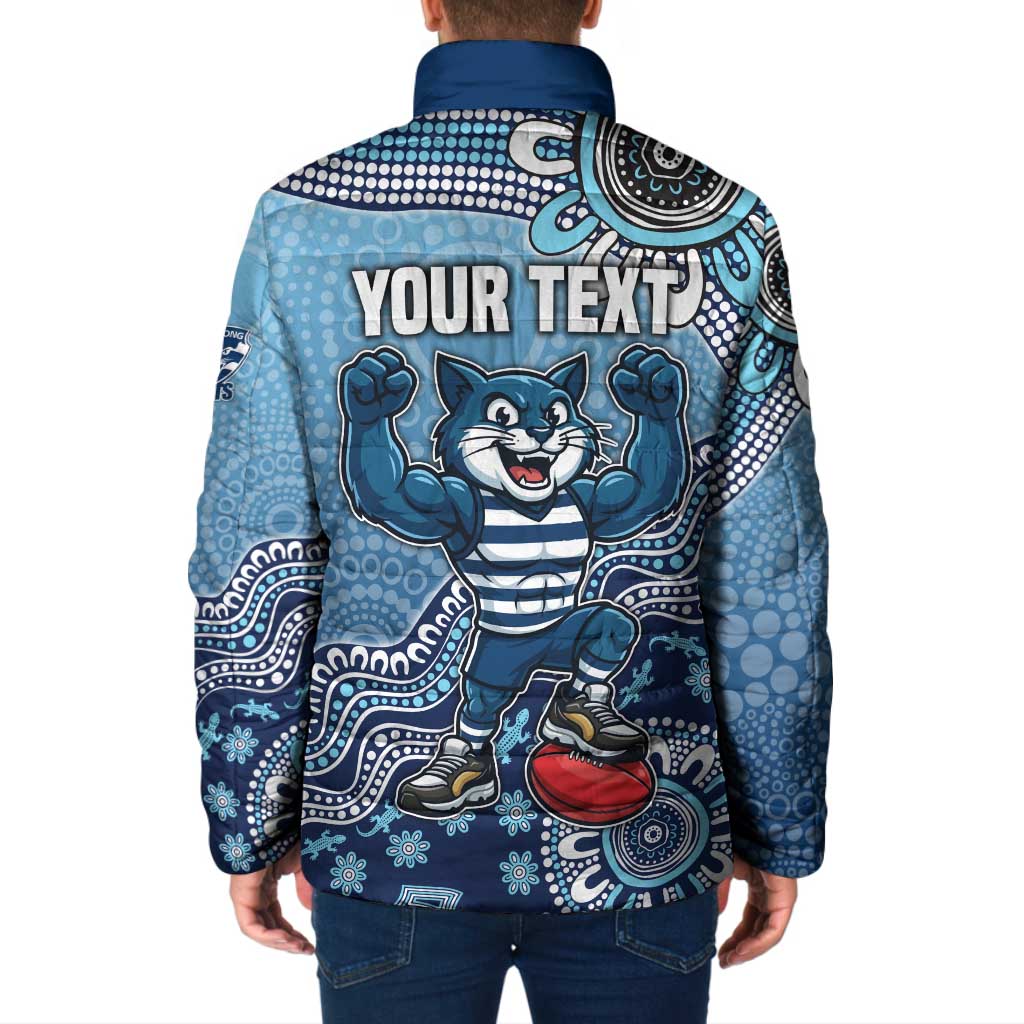 Personalized Geelong Cats Football Mascot Padded Jacket Aboriginal Dot Art Style Vibrant Indigenous Pattern Design
