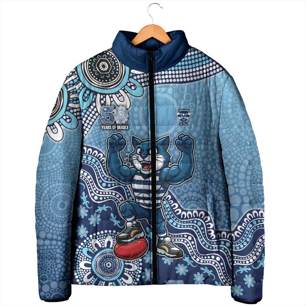 Personalized Geelong Cats Football Mascot Padded Jacket Aboriginal Dot Art Style Vibrant Indigenous Pattern Design