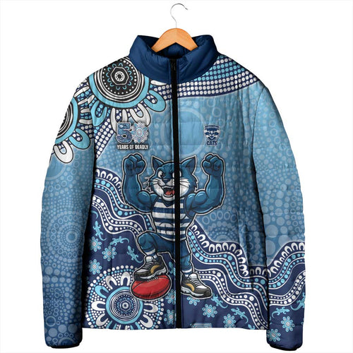 Personalized Geelong Cats Football Mascot Padded Jacket Aboriginal Dot Art Style Vibrant Indigenous Pattern Design