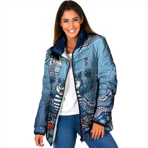 Personalized Geelong Cats Football Mascot Padded Jacket Aboriginal Dot Art Style Vibrant Indigenous Pattern Design