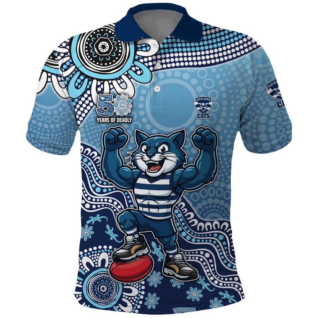 Personalized Geelong Cats Football Mascot Polo Shirt Aboriginal Dot Art Style Vibrant Indigenous Pattern Design