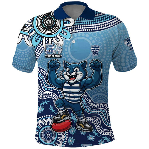 Personalized Geelong Cats Football Mascot Polo Shirt Aboriginal Dot Art Style Vibrant Indigenous Pattern Design