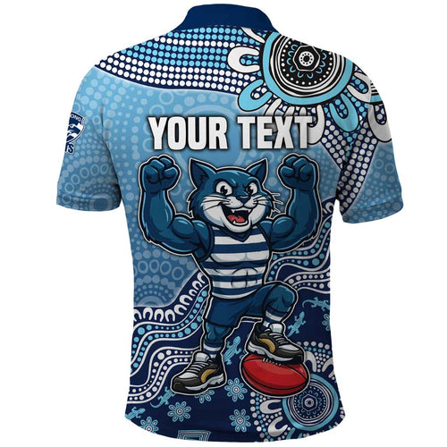 Personalized Geelong Cats Football Mascot Polo Shirt Aboriginal Dot Art Style Vibrant Indigenous Pattern Design