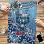 Personalized Geelong Cats Football Mascot Puzzle Aboriginal Dot Art Style Vibrant Indigenous Pattern Design