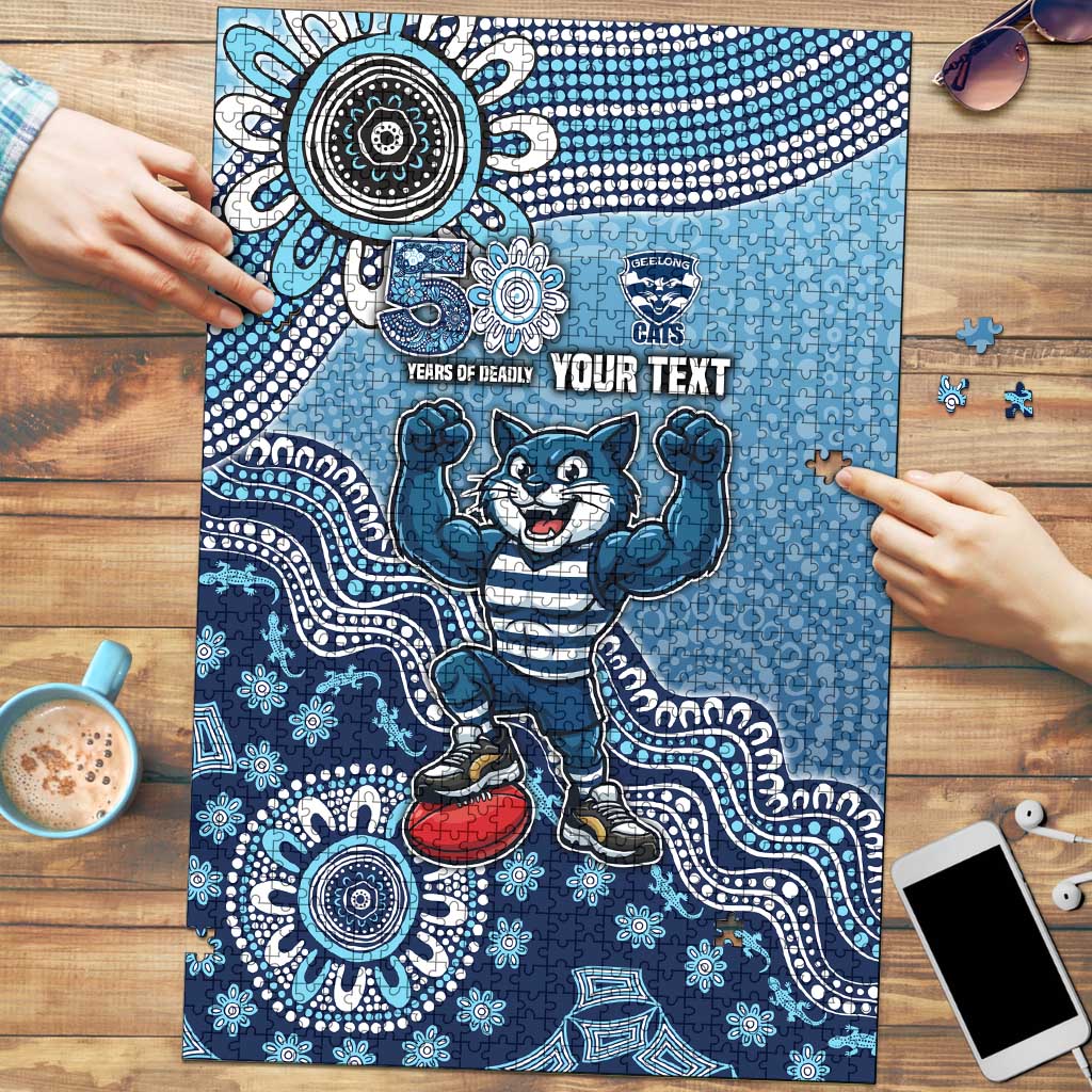 Personalized Geelong Cats Football Mascot Puzzle Aboriginal Dot Art Style Vibrant Indigenous Pattern Design