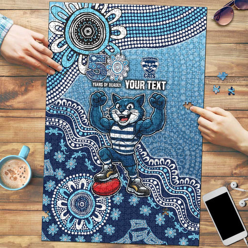 Personalized Geelong Cats Football Mascot Puzzle Aboriginal Dot Art Style Vibrant Indigenous Pattern Design