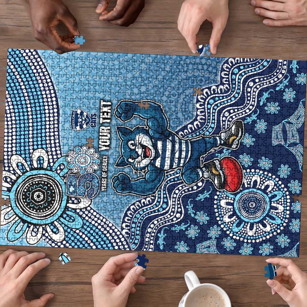 Personalized Geelong Cats Football Mascot Puzzle Aboriginal Dot Art Style Vibrant Indigenous Pattern Design