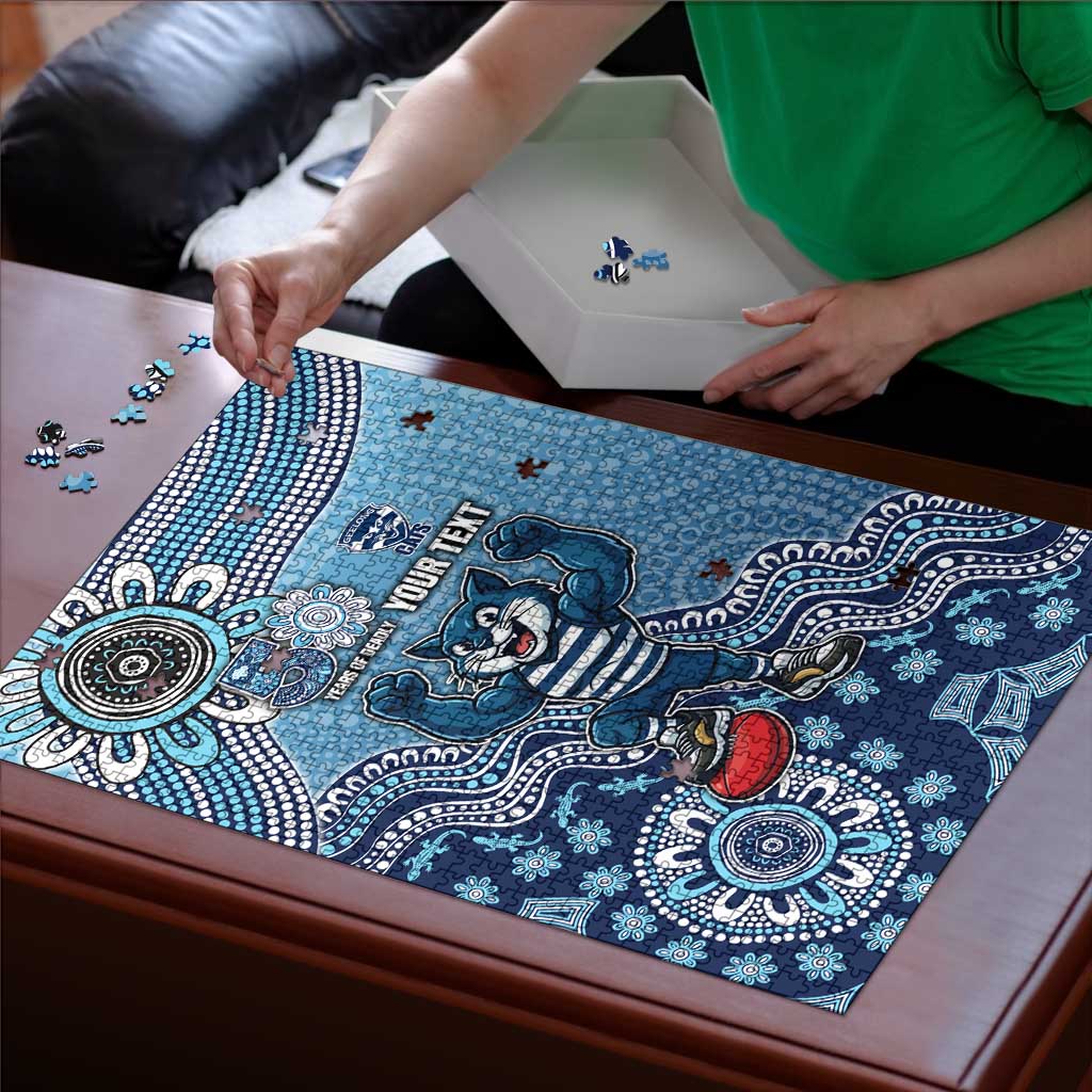 Personalized Geelong Cats Football Mascot Puzzle Aboriginal Dot Art Style Vibrant Indigenous Pattern Design