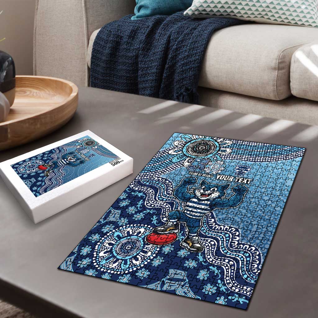 Personalized Geelong Cats Football Mascot Puzzle Aboriginal Dot Art Style Vibrant Indigenous Pattern Design