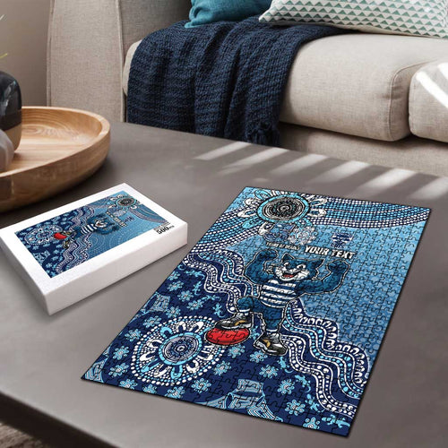 Personalized Geelong Cats Football Mascot Puzzle Aboriginal Dot Art Style Vibrant Indigenous Pattern Design