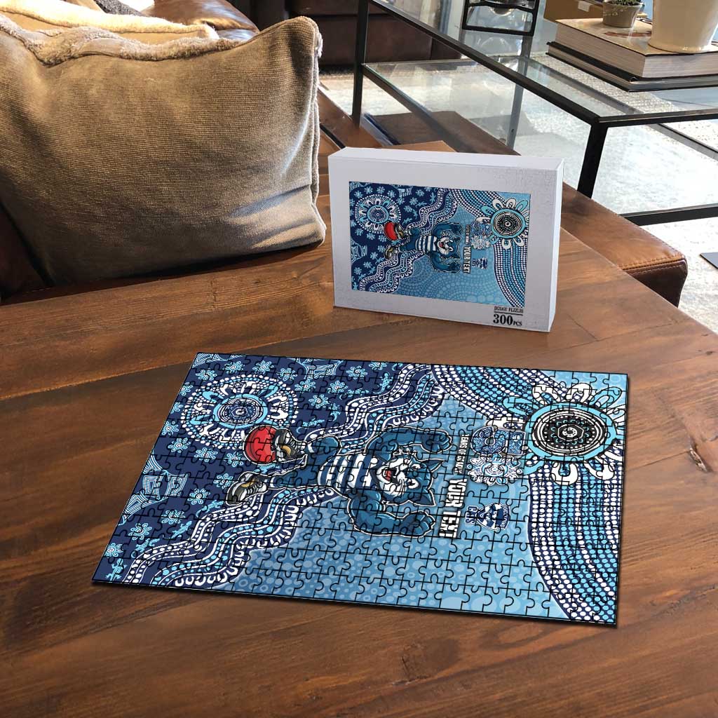 Personalized Geelong Cats Football Mascot Puzzle Aboriginal Dot Art Style Vibrant Indigenous Pattern Design