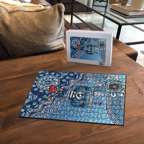 Personalized Geelong Cats Football Mascot Puzzle Aboriginal Dot Art Style Vibrant Indigenous Pattern Design