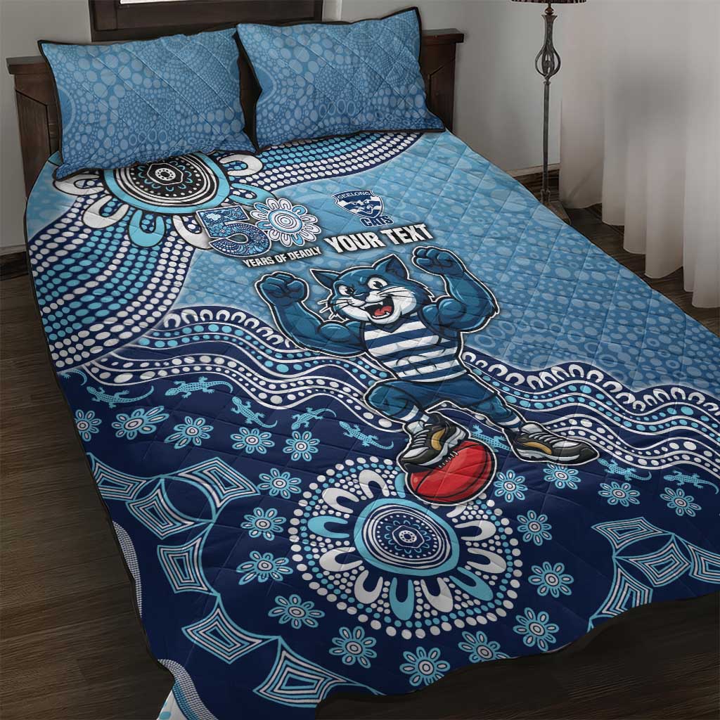 Personalized Geelong Cats Football Mascot Quilt Bed Set Aboriginal Dot Art Style Vibrant Indigenous Pattern Design