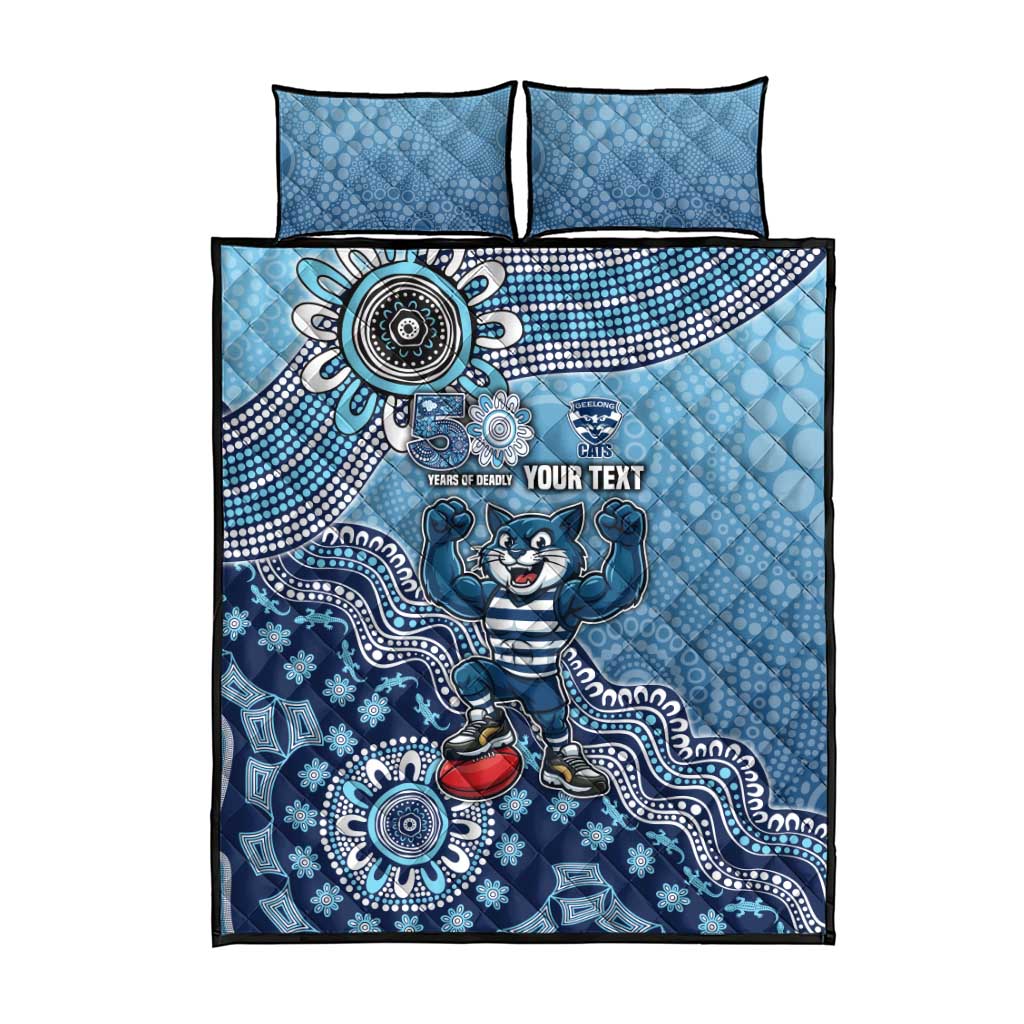 Personalized Geelong Cats Football Mascot Quilt Bed Set Aboriginal Dot Art Style Vibrant Indigenous Pattern Design