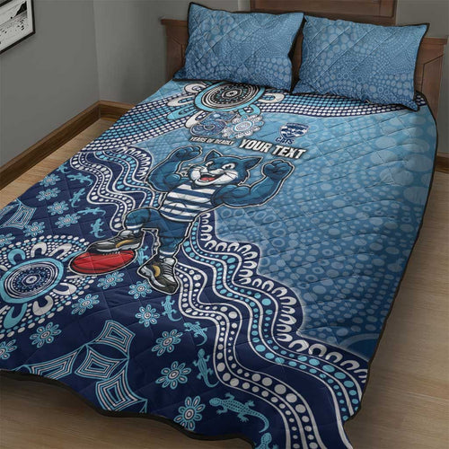 Personalized Geelong Cats Football Mascot Quilt Bed Set Aboriginal Dot Art Style Vibrant Indigenous Pattern Design