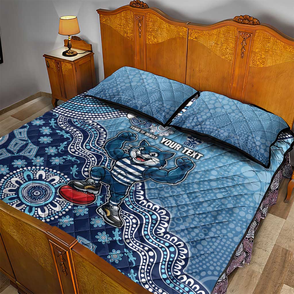 Personalized Geelong Cats Football Mascot Quilt Bed Set Aboriginal Dot Art Style Vibrant Indigenous Pattern Design