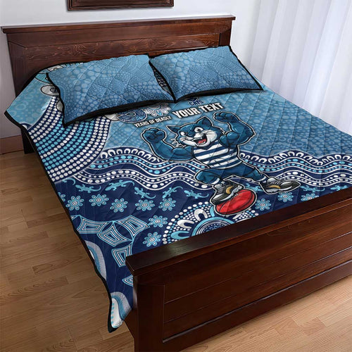 Personalized Geelong Cats Football Mascot Quilt Bed Set Aboriginal Dot Art Style Vibrant Indigenous Pattern Design