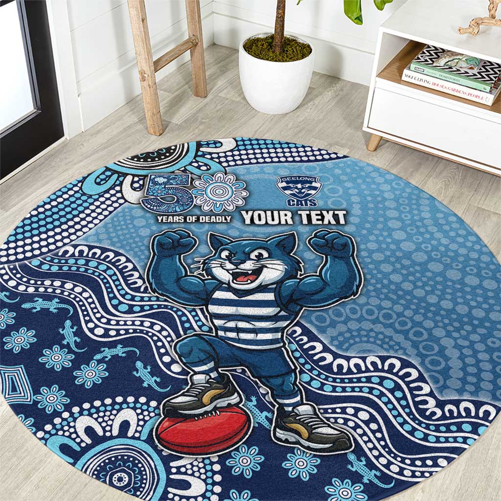 Personalized Geelong Cats Football Mascot Round Carpet Aboriginal Dot Art Style Vibrant Indigenous Pattern Design