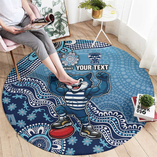Personalized Geelong Cats Football Mascot Round Carpet Aboriginal Dot Art Style Vibrant Indigenous Pattern Design