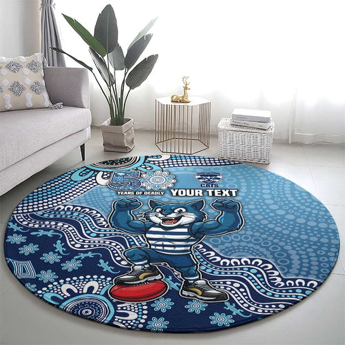 Personalized Geelong Cats Football Mascot Round Carpet Aboriginal Dot Art Style Vibrant Indigenous Pattern Design