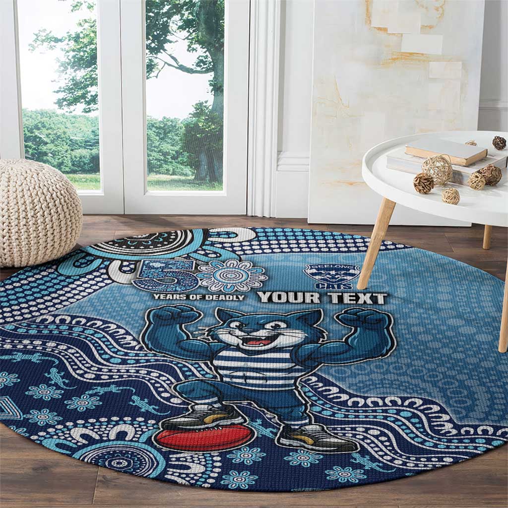 Personalized Geelong Cats Football Mascot Round Carpet Aboriginal Dot Art Style Vibrant Indigenous Pattern Design