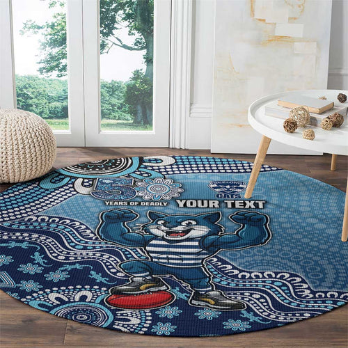 Personalized Geelong Cats Football Mascot Round Carpet Aboriginal Dot Art Style Vibrant Indigenous Pattern Design
