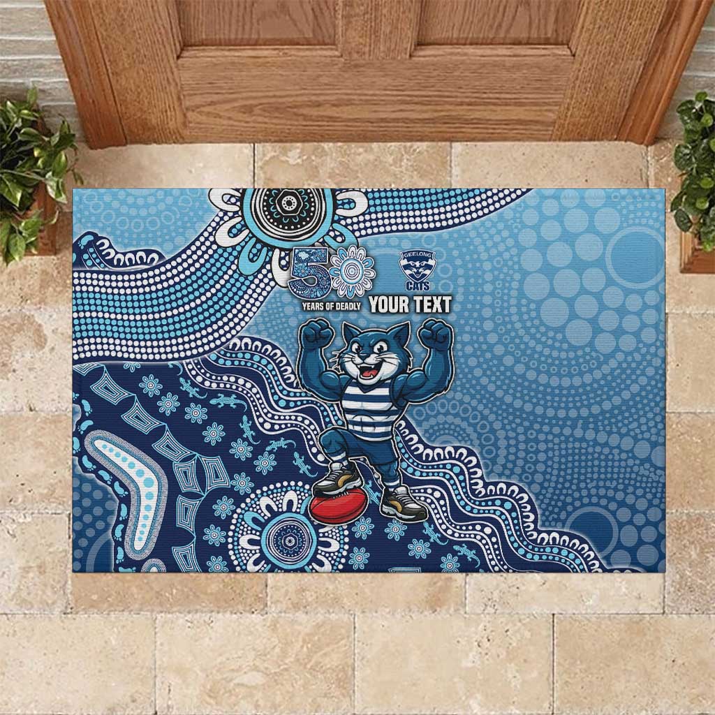 Personalized Geelong Cats Football Mascot Rubber Doormat Aboriginal Dot Art Style Vibrant Indigenous Pattern Design
