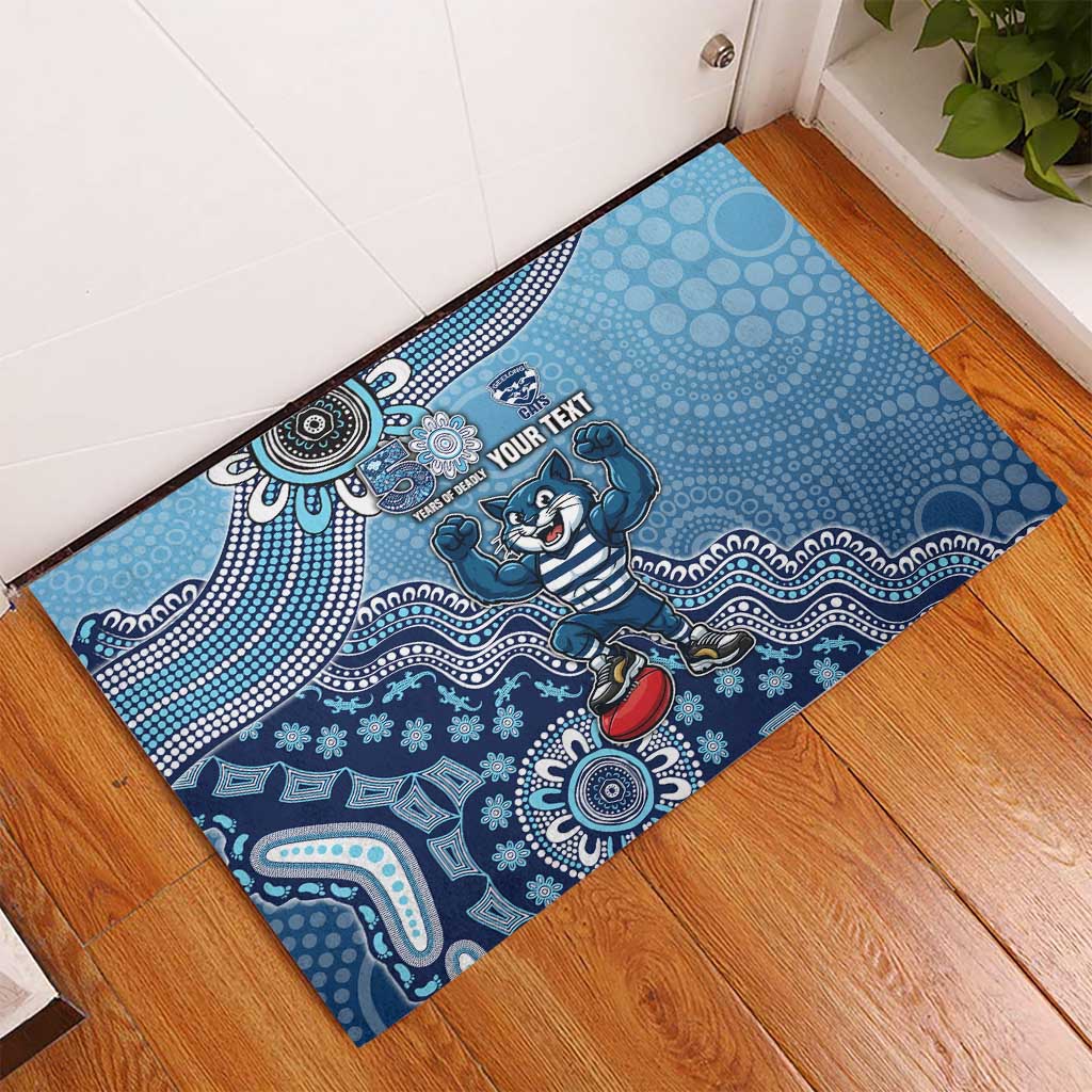 Personalized Geelong Cats Football Mascot Rubber Doormat Aboriginal Dot Art Style Vibrant Indigenous Pattern Design