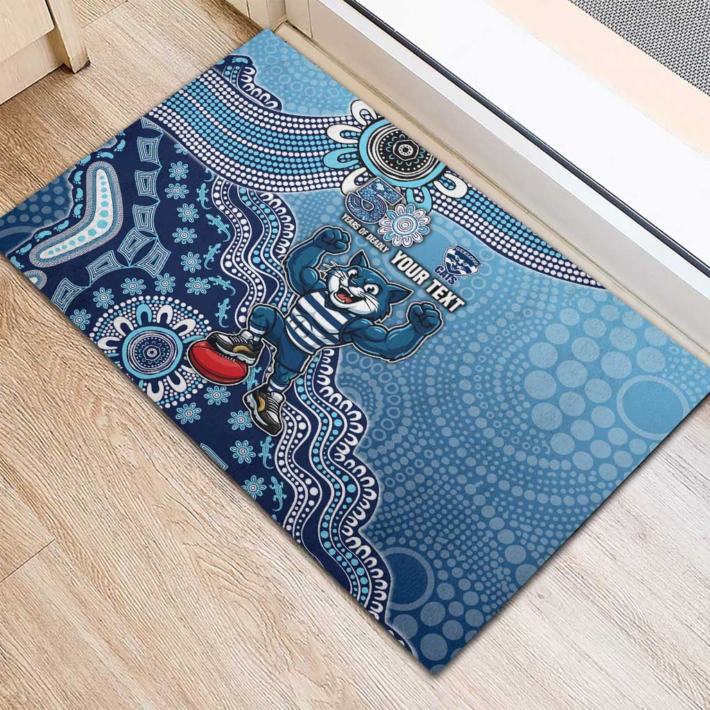 Personalized Geelong Cats Football Mascot Rubber Doormat Aboriginal Dot Art Style Vibrant Indigenous Pattern Design