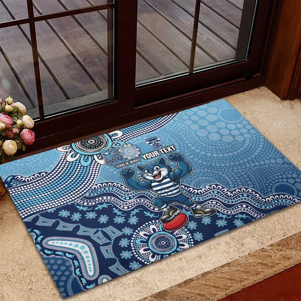 Personalized Geelong Cats Football Mascot Rubber Doormat Aboriginal Dot Art Style Vibrant Indigenous Pattern Design
