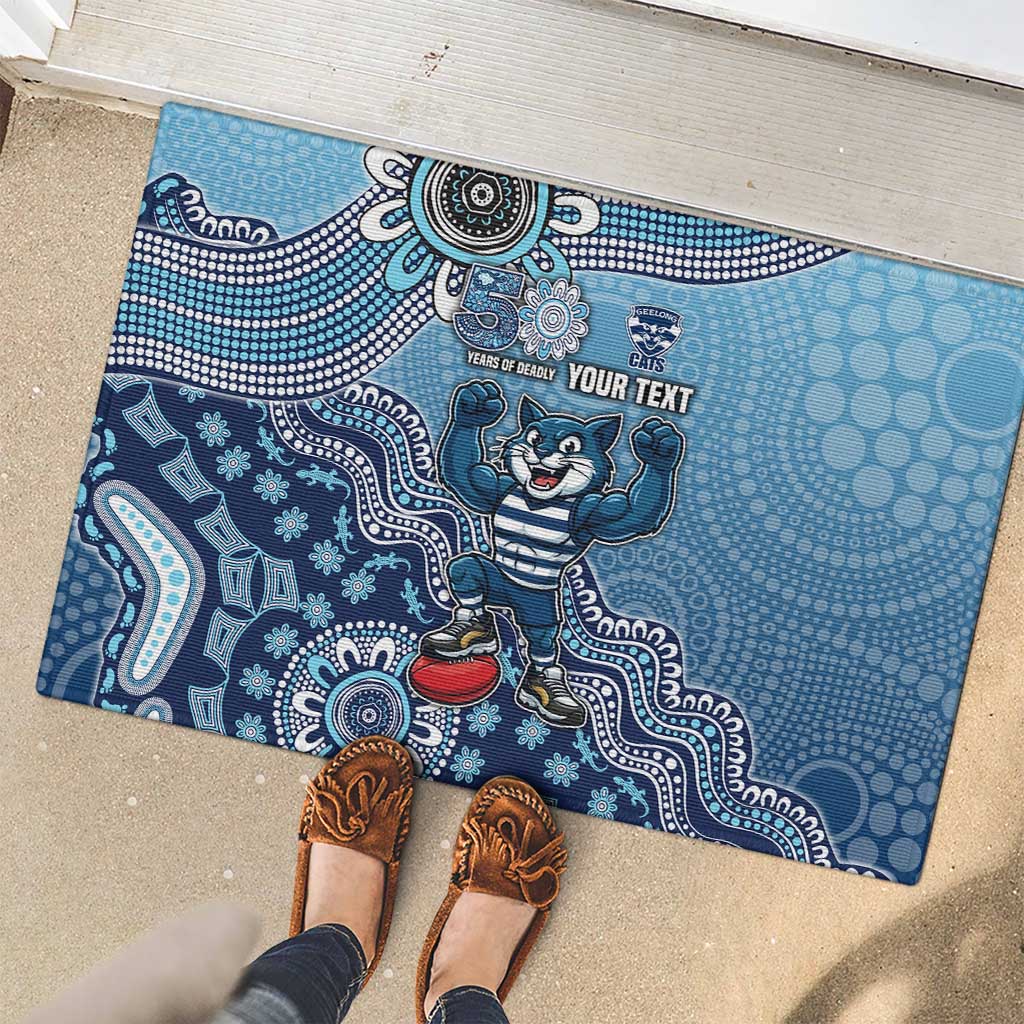 Personalized Geelong Cats Football Mascot Rubber Doormat Aboriginal Dot Art Style Vibrant Indigenous Pattern Design