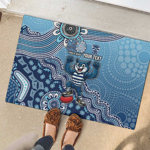 Personalized Geelong Cats Football Mascot Rubber Doormat Aboriginal Dot Art Style Vibrant Indigenous Pattern Design