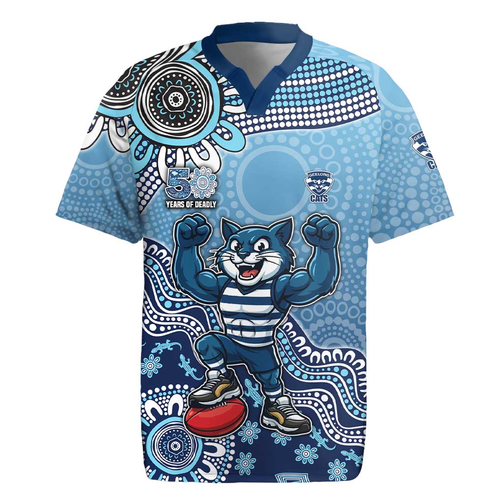 Personalized Geelong Cats Football Mascot Rugby Jersey Aboriginal Dot Art Style Vibrant Indigenous Pattern Design