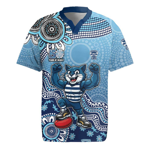 Personalized Geelong Cats Football Mascot Rugby Jersey Aboriginal Dot Art Style Vibrant Indigenous Pattern Design