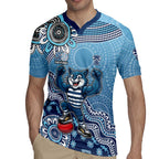Personalized Geelong Cats Football Mascot Rugby Jersey Aboriginal Dot Art Style Vibrant Indigenous Pattern Design