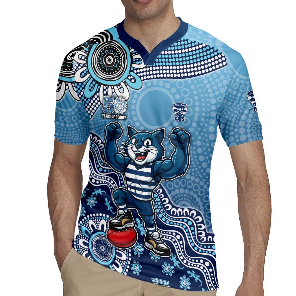 Personalized Geelong Cats Football Mascot Rugby Jersey Aboriginal Dot Art Style Vibrant Indigenous Pattern Design