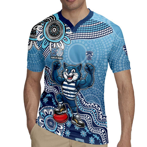 Personalized Geelong Cats Football Mascot Rugby Jersey Aboriginal Dot Art Style Vibrant Indigenous Pattern Design
