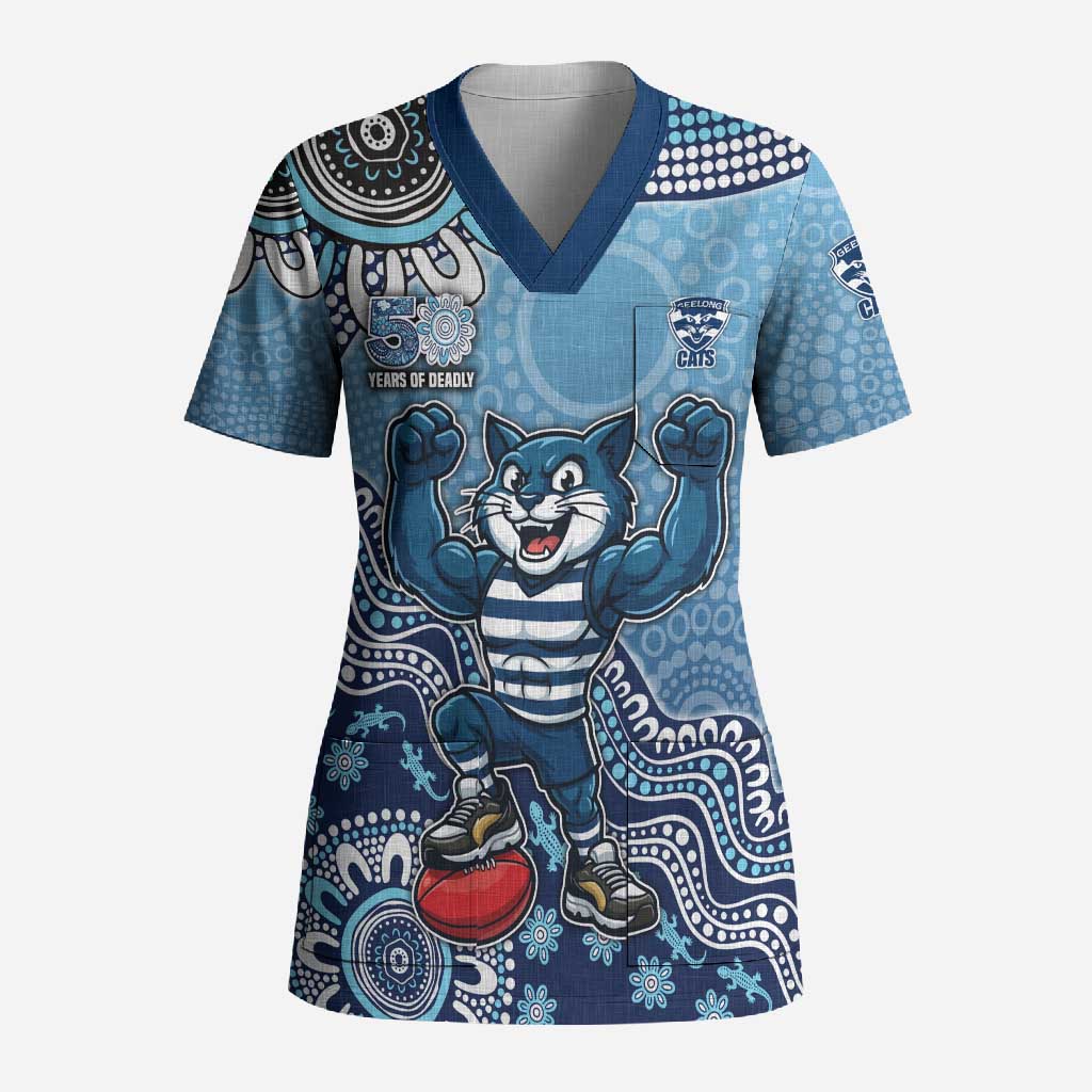 Personalized Geelong Cats Football Mascot Scrub Top Aboriginal Dot Art Style Vibrant Indigenous Pattern Design