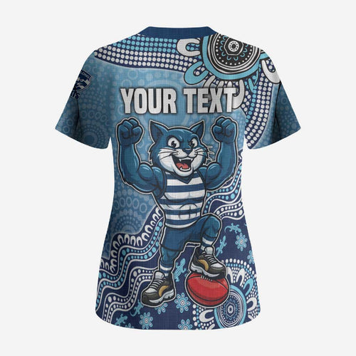 Personalized Geelong Cats Football Mascot Scrub Top Aboriginal Dot Art Style Vibrant Indigenous Pattern Design