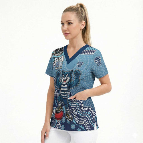 Personalized Geelong Cats Football Mascot Scrub Top Aboriginal Dot Art Style Vibrant Indigenous Pattern Design